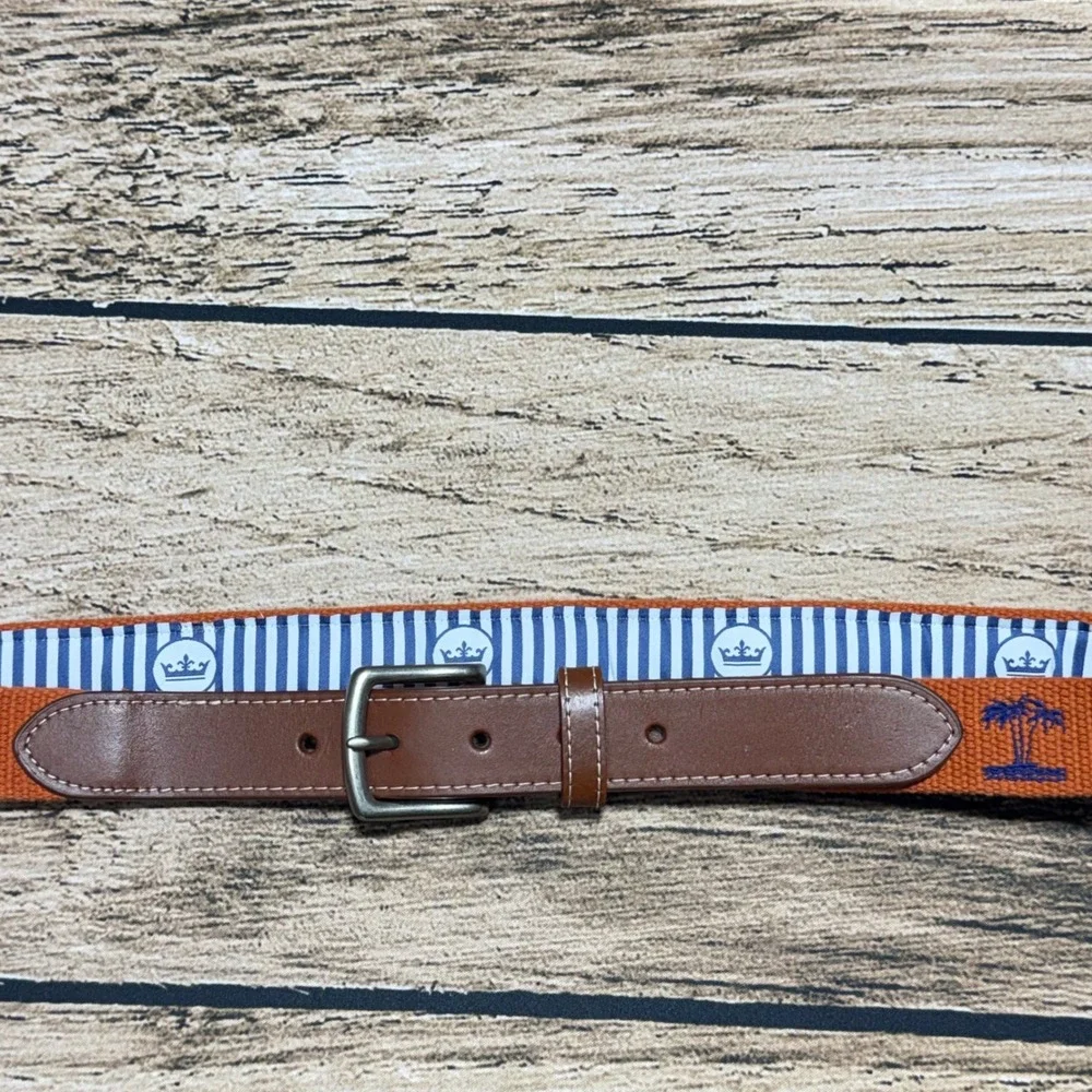 Peter Millar Belt Mens 36 Orange Palm Tree Canvas Leather Preppy Needlepoint
